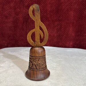 Vtg. S.S. Sarna India Hand Craved Wooden Bell Floral Design, Treble Clef Handle